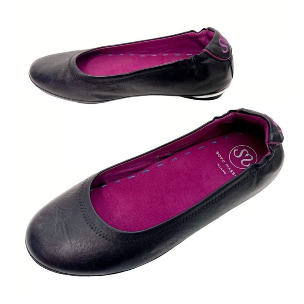 Soto Massini Milano Black Vegan Leather Orthotic Ballet Flats Silver Buckle 9-10